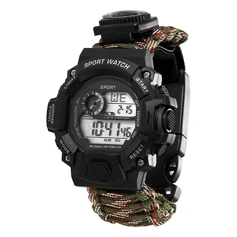 Vanjski višenamjenski taktički sat s kompasom, termometrom, zviždaljkom i kamenom za paljenje vatre — vodootporan do 30m, elektronički mehanizam, okrugli brojčanik, plastično kućište, tekstilni kaiš
