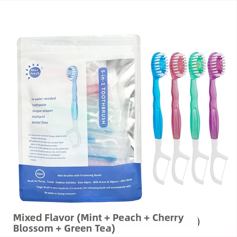 Еднократна мини четка за зъби с пукащи топчета, многофункционална зъбна нишка, освежаващ дъх, чиста уста, подходяща за пътуване (Материал: пластмаса (PU); Срок на годност: 360 дни; Опаковка: 100 бр.; 10 пръчки в опаковка; Печат на лого и персонализация нал
