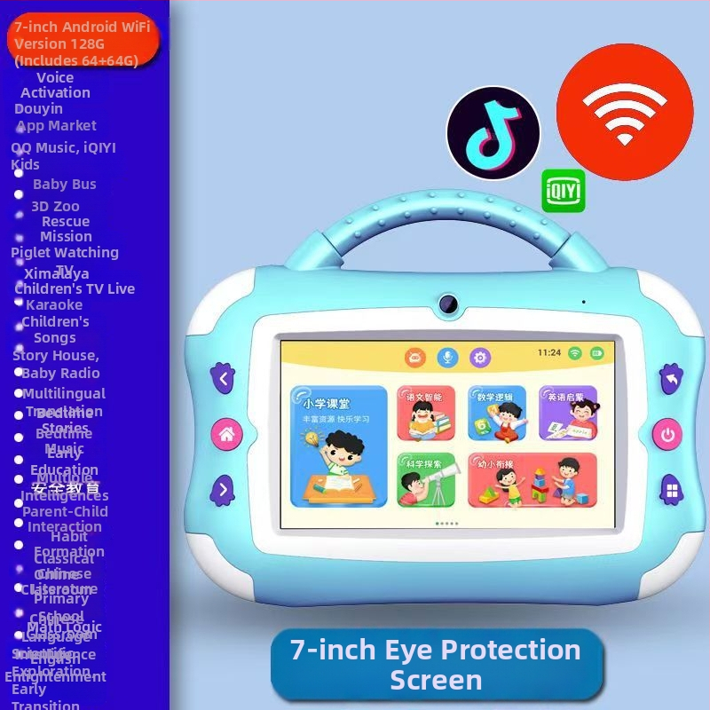 Gyermekek számára készült korai nevelési tablet videó történetekkel, érintőképernyővel és letölthető tartalommal — 8GB+ memória, újratölthető Li-ion akkumulátor, Wi‑Fi, MP3 lejátszás, 4–6 éveseknek