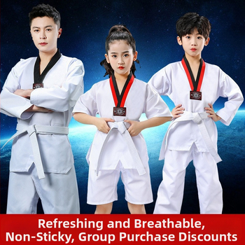 Îmbrăcăminte Taekwondo – mâneci lungi și scurte, pentru adulți și copii, echipament de antrenament; țesătură bumbac-poliester, 35% bumbac; căptușeală bumbac 55%; model 3283093; toleranță 2-3 cm