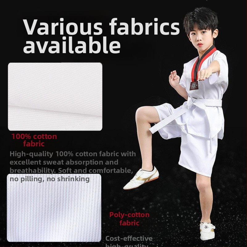 Îmbrăcăminte Taekwondo – mâneci lungi și scurte, pentru adulți și copii, echipament de antrenament; țesătură bumbac-poliester, 35% bumbac; căptușeală bumbac 55%; model 3283093; toleranță 2-3 cm