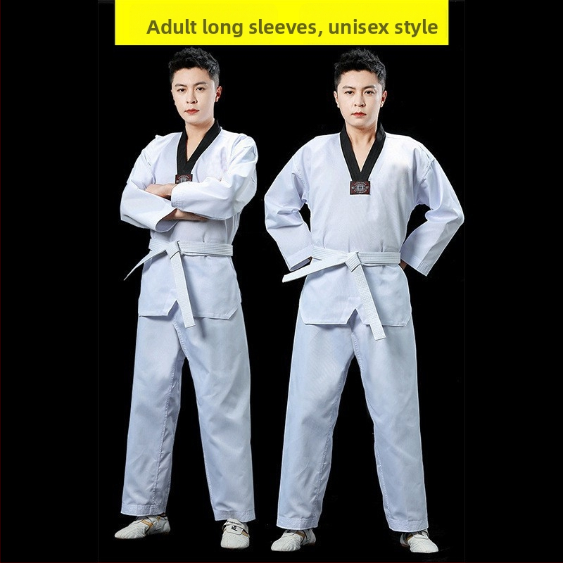 Îmbrăcăminte Taekwondo – mâneci lungi și scurte, pentru adulți și copii, echipament de antrenament; țesătură bumbac-poliester, 35% bumbac; căptușeală bumbac 55%; model 3283093; toleranță 2-3 cm