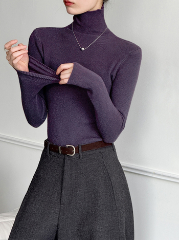 Πλεκτό πουλόβερ ακρυλικού με ψηλό λαιμό, στενή γραμμή, μακριά μανίκια, μινιμαλιστικό στυλ, φθινόπωρο 2025