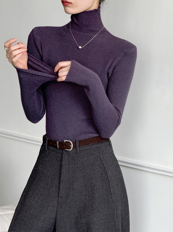 Πλεκτό πουλόβερ ακρυλικού με ψηλό λαιμό, στενή γραμμή, μακριά μανίκια, μινιμαλιστικό στυλ, φθινόπωρο 2025