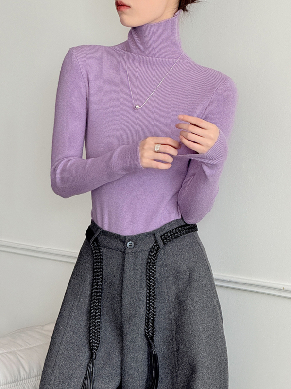 Πλεκτό πουλόβερ ακρυλικού με ψηλό λαιμό, στενή γραμμή, μακριά μανίκια, μινιμαλιστικό στυλ, φθινόπωρο 2025