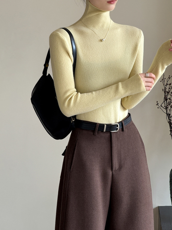 Πλεκτό πουλόβερ ακρυλικού με ψηλό λαιμό, στενή γραμμή, μακριά μανίκια, μινιμαλιστικό στυλ, φθινόπωρο 2025