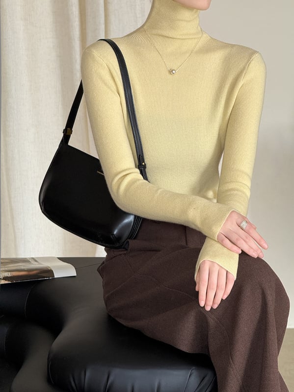 Πλεκτό πουλόβερ ακρυλικού με ψηλό λαιμό, στενή γραμμή, μακριά μανίκια, μινιμαλιστικό στυλ, φθινόπωρο 2025