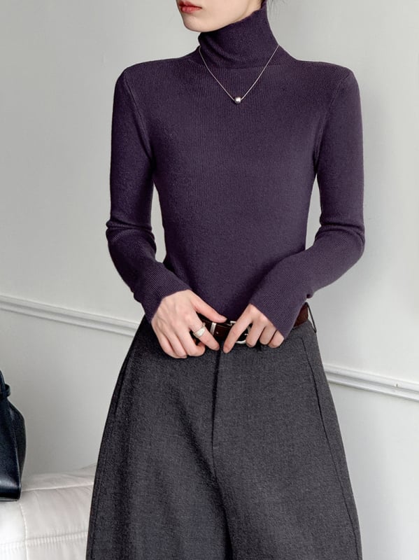 Πλεκτό πουλόβερ ακρυλικού με ψηλό λαιμό, στενή γραμμή, μακριά μανίκια, μινιμαλιστικό στυλ, φθινόπωρο 2025