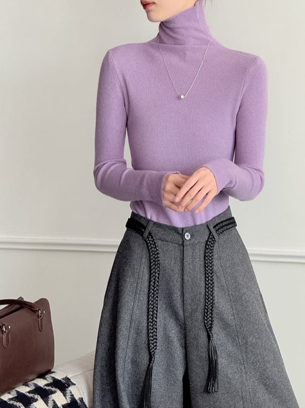 Πλεκτό πουλόβερ ακρυλικού με ψηλό λαιμό, στενή γραμμή, μακριά μανίκια, μινιμαλιστικό στυλ, φθινόπωρο 2025