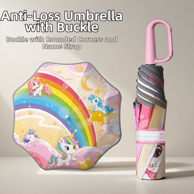 Παιδική ομπρέλα με σχέδιο κινουμένων σχεδίων και στρογγλεμένες γωνίες, κούμπωμα ονόματος και θήκη ομπρέλας, ανακλαστική λωρίδα ασφαλείας (χειροκίνητο άνοιγμα; 8 ράβδοι; τριών τμημάτων; ύφασμα αντοχής σε κραδασμούς; λαβή αλουμινίου)