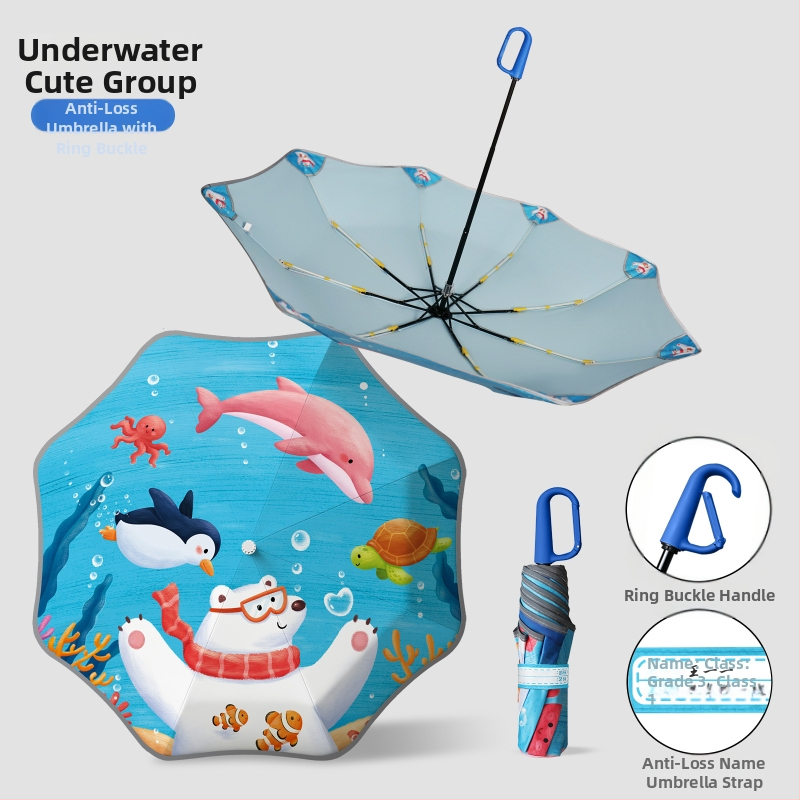 Παιδική ομπρέλα με σχέδιο κινουμένων σχεδίων και στρογγλεμένες γωνίες, κούμπωμα ονόματος και θήκη ομπρέλας, ανακλαστική λωρίδα ασφαλείας (χειροκίνητο άνοιγμα; 8 ράβδοι; τριών τμημάτων; ύφασμα αντοχής σε κραδασμούς; λαβή αλουμινίου)