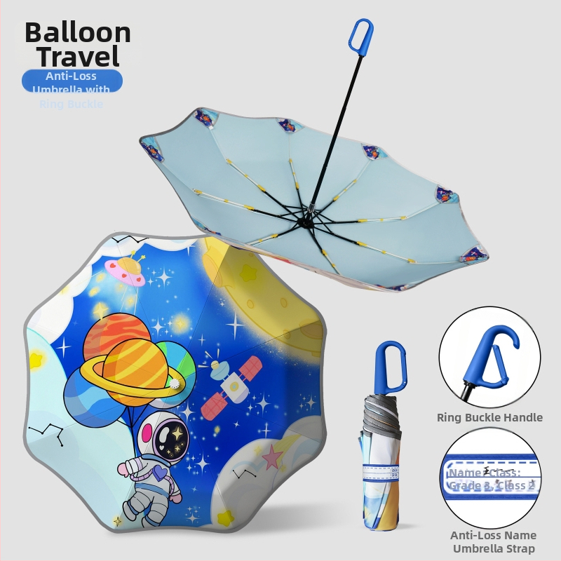 Παιδική ομπρέλα με σχέδιο κινουμένων σχεδίων και στρογγλεμένες γωνίες, κούμπωμα ονόματος και θήκη ομπρέλας, ανακλαστική λωρίδα ασφαλείας (χειροκίνητο άνοιγμα; 8 ράβδοι; τριών τμημάτων; ύφασμα αντοχής σε κραδασμούς; λαβή αλουμινίου)