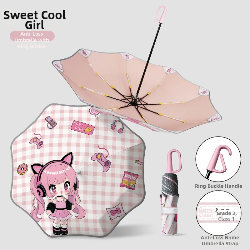 Παιδική ομπρέλα με σχέδιο κινουμένων σχεδίων και στρογγλεμένες γωνίες, κούμπωμα ονόματος και θήκη ομπρέλας, ανακλαστική λωρίδα ασφαλείας (χειροκίνητο άνοιγμα; 8 ράβδοι; τριών τμημάτων; ύφασμα αντοχής σε κραδασμούς; λαβή αλουμινίου)