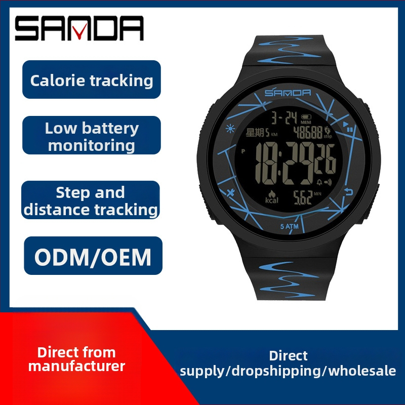 Sanda Elektronički sat s pedometrom i kalorijama, osvijetljen zaslon, vodootporan do 50 m, za outdoor sportove