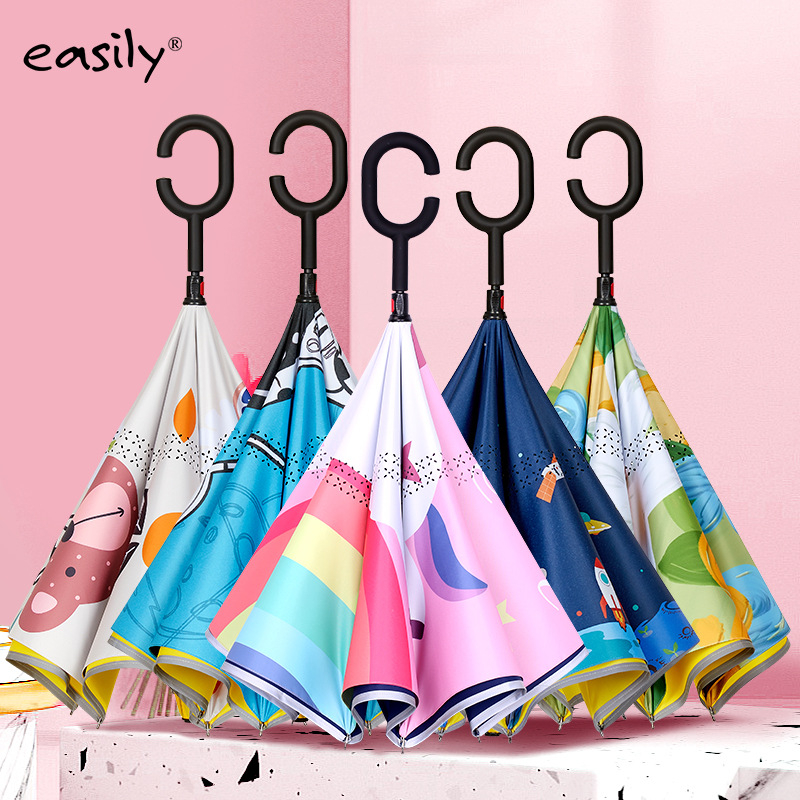 Umbrelă pentru copii cu mâner lung și design de desene animate, 8 arce, țesătură poliester 210T, tijă din oțel cu mâner din plastic