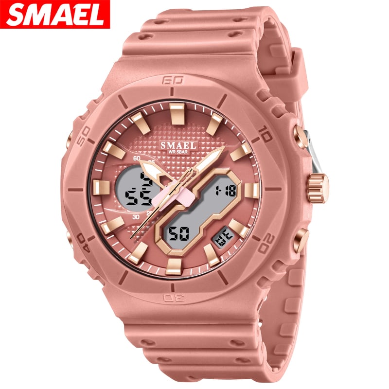 Smael unisex studentski sat, višefunkcijski elektronički mehanizam, prikaz: kazaljke i brojke, vodootporan do 50 m, promjer cifernika 48 mm, TPU remen