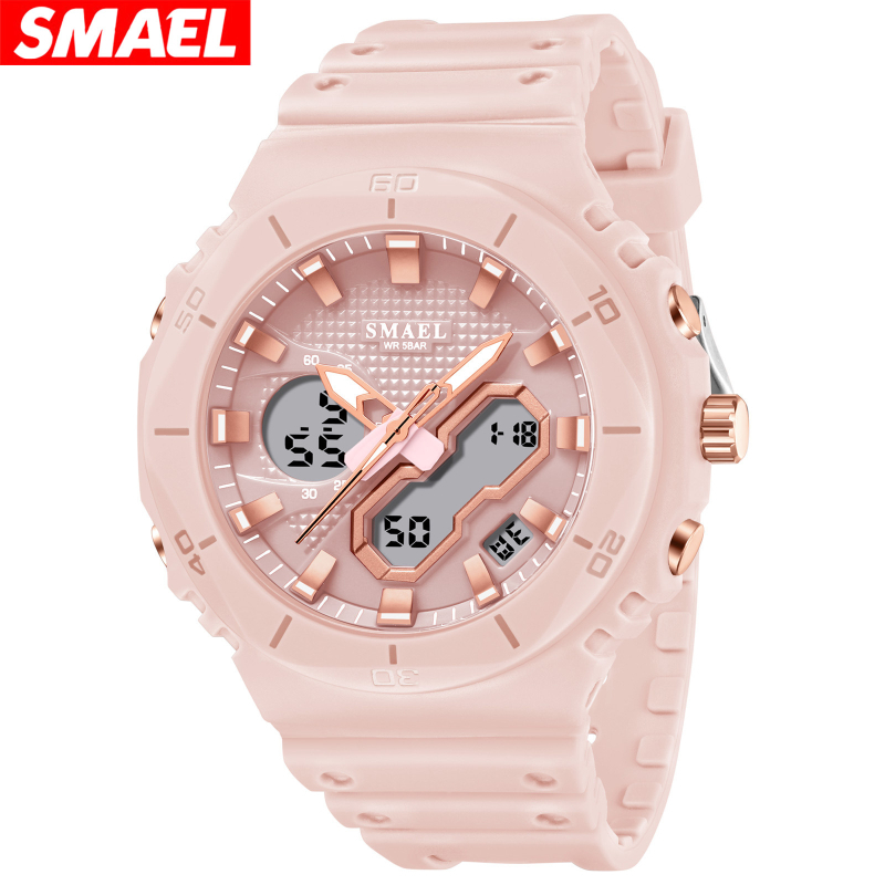 Smael unisex studentski sat, višefunkcijski elektronički mehanizam, prikaz: kazaljke i brojke, vodootporan do 50 m, promjer cifernika 48 mm, TPU remen