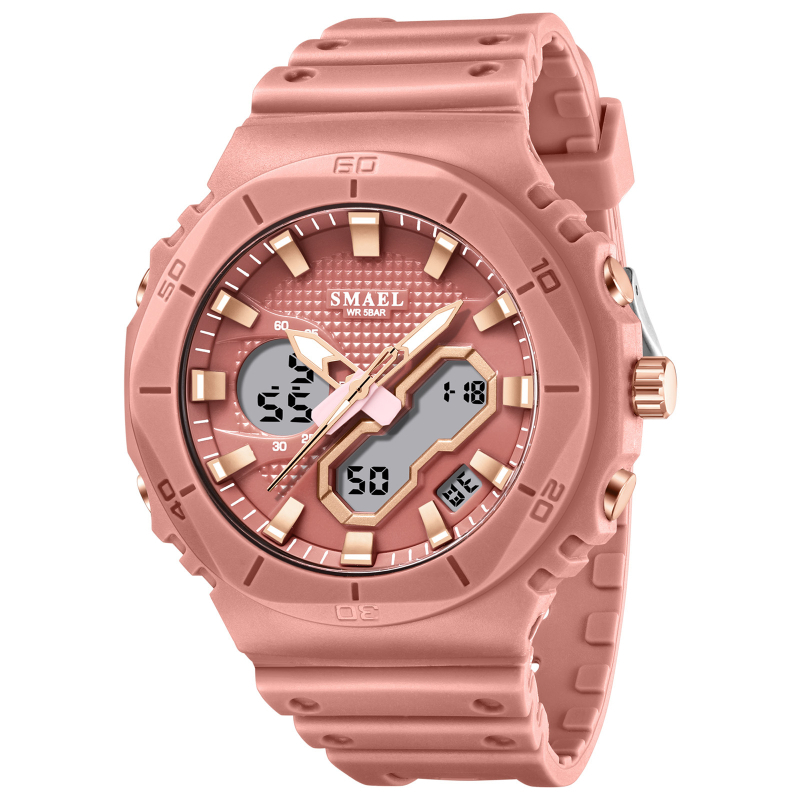 Smael unisex studentski sat, višefunkcijski elektronički mehanizam, prikaz: kazaljke i brojke, vodootporan do 50 m, promjer cifernika 48 mm, TPU remen