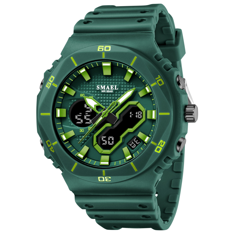 Smael unisex studentski sat, višefunkcijski elektronički mehanizam, prikaz: kazaljke i brojke, vodootporan do 50 m, promjer cifernika 48 mm, TPU remen