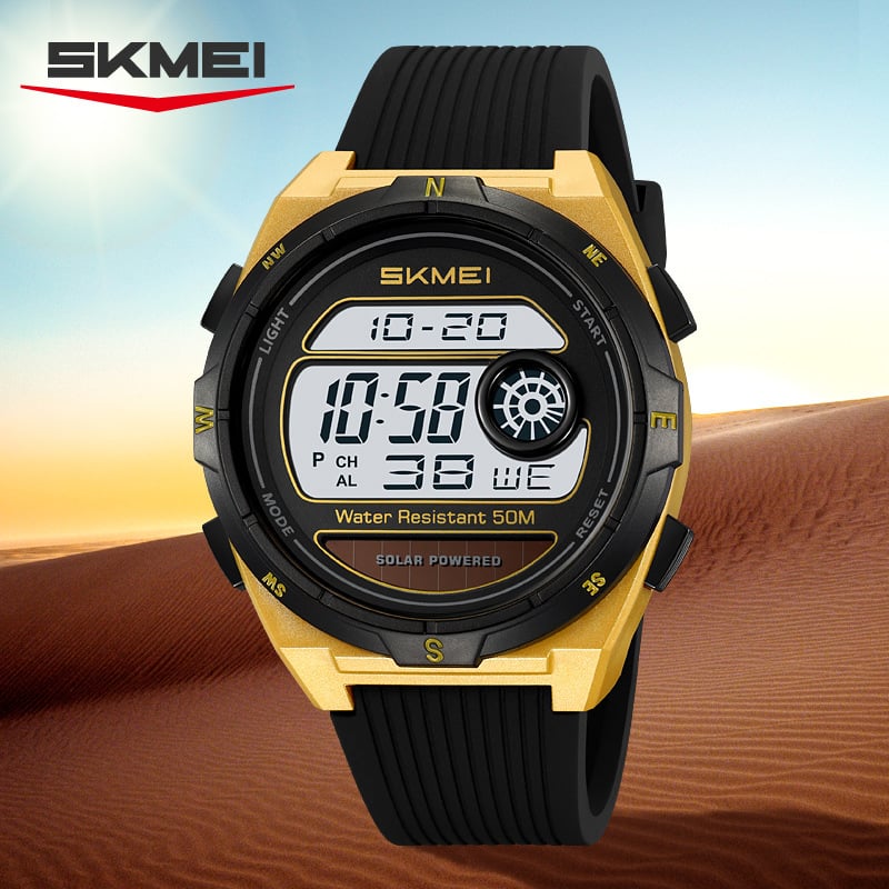 Solarni elektronički sportski sat s štopericom, prikazom datuma i dana, alarmom, 12/24-satnim formatom, vodootporan do 50 m.