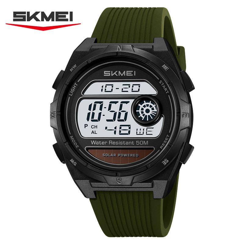 Solarni elektronički sportski sat s štopericom, prikazom datuma i dana, alarmom, 12/24-satnim formatom, vodootporan do 50 m.