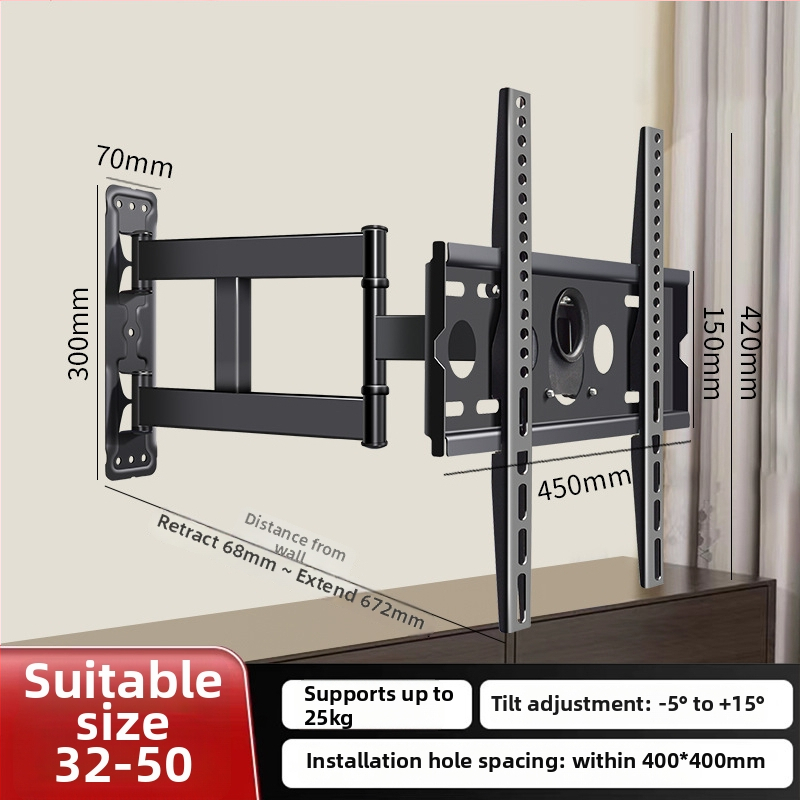 Stenový držiak na TV s otočením o 180° a teleskopickou ramenou, z plechovej ocele, vhodný pre ploché televízory, hmotnosť 12 kg
