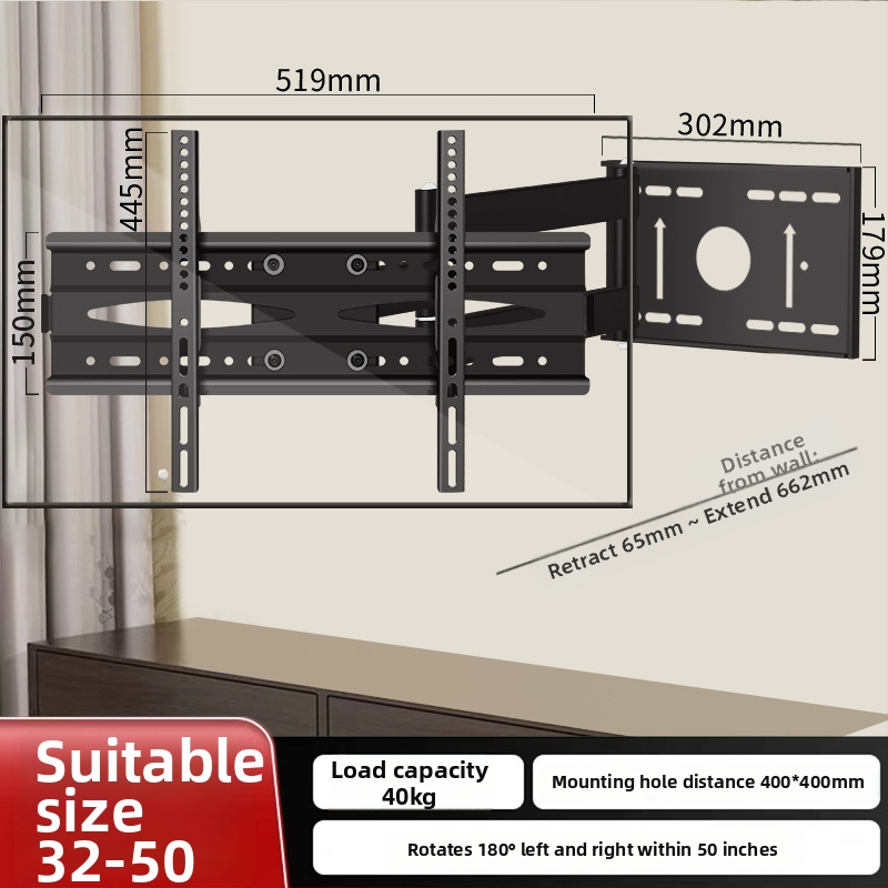 Stenový držiak na TV s otočením o 180° a teleskopickou ramenou, z plechovej ocele, vhodný pre ploché televízory, hmotnosť 12 kg