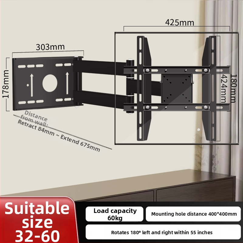 Stenový držiak na TV s otočením o 180° a teleskopickou ramenou, z plechovej ocele, vhodný pre ploché televízory, hmotnosť 12 kg