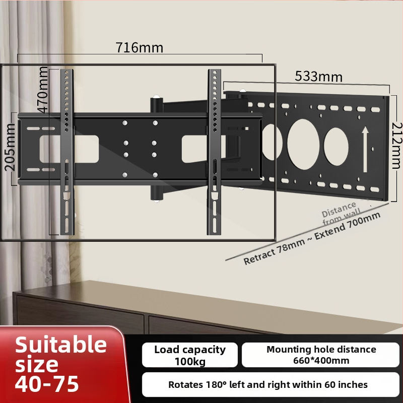 Stenový držiak na TV s otočením o 180° a teleskopickou ramenou, z plechovej ocele, vhodný pre ploché televízory, hmotnosť 12 kg