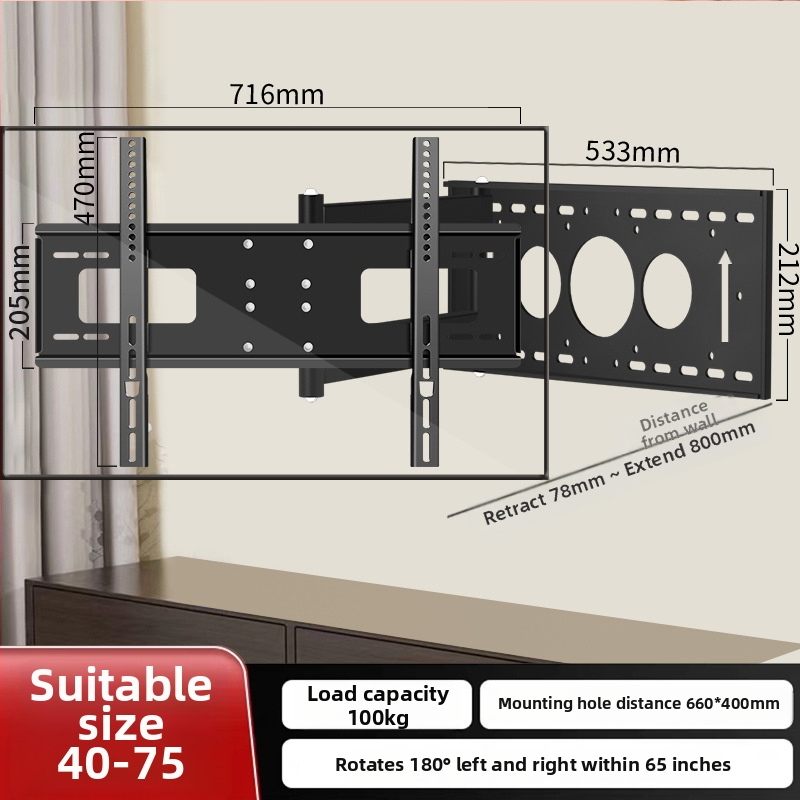 Stenový držiak na TV s otočením o 180° a teleskopickou ramenou, z plechovej ocele, vhodný pre ploché televízory, hmotnosť 12 kg