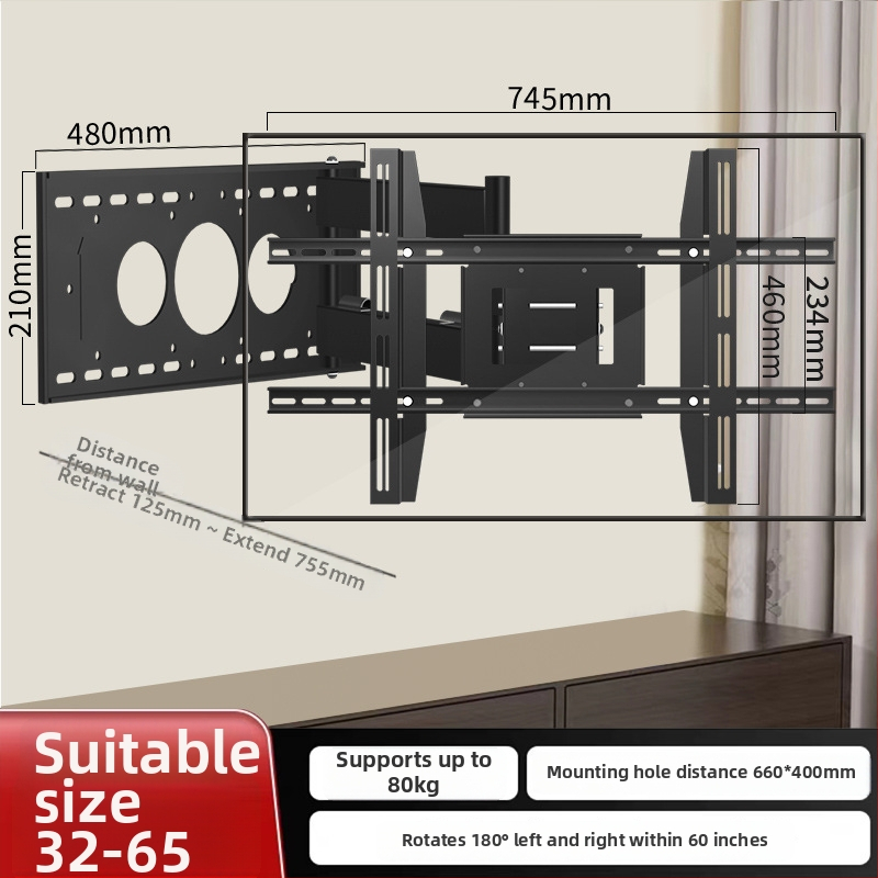 Stenový držiak na TV s otočením o 180° a teleskopickou ramenou, z plechovej ocele, vhodný pre ploché televízory, hmotnosť 12 kg