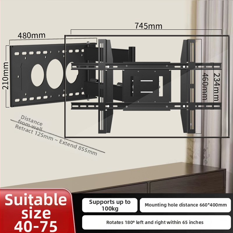 Stenový držiak na TV s otočením o 180° a teleskopickou ramenou, z plechovej ocele, vhodný pre ploché televízory, hmotnosť 12 kg