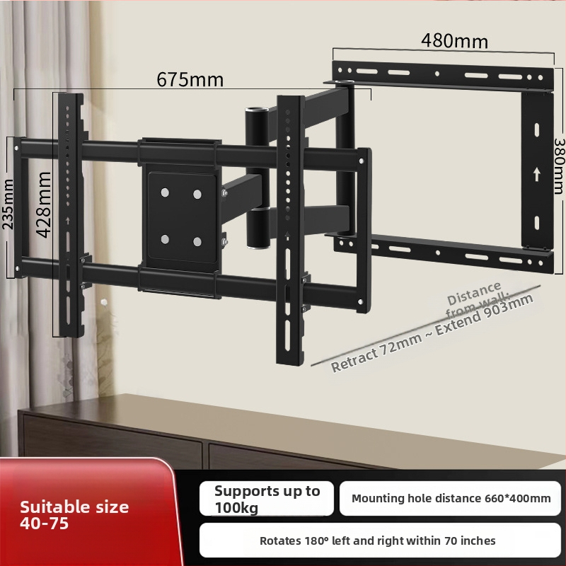Stenový držiak na TV s otočením o 180° a teleskopickou ramenou, z plechovej ocele, vhodný pre ploché televízory, hmotnosť 12 kg