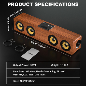 Stolni Bluetooth zvučnik s četiri zvučnika, drveno kućište, Bluetooth 5.0, ugrađena baterija 2000-4000 mAh, frekvencijski odziv 80 Hz-18 kHz