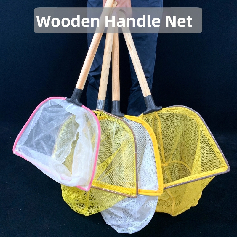 Plasă de pescuit cu mâner din lemn, inel metalic și plasă din nylon, ochi mici pentru pescuit în aer liber