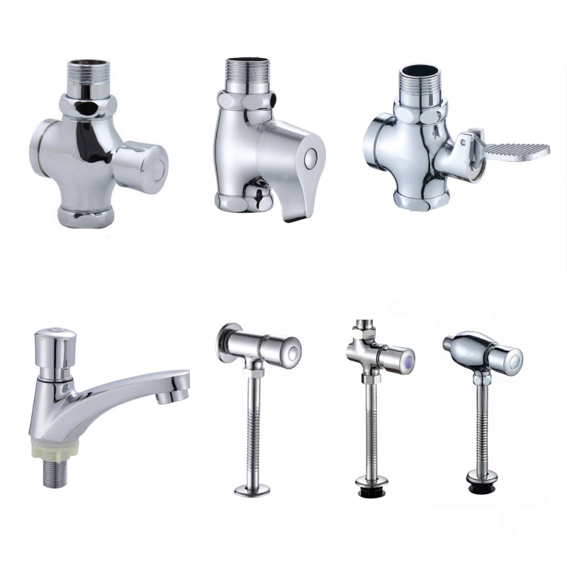 Kézi nyomású négyutas WC-öblítő szelep késleltetett záródással; réz-zink ötvözetből; 6 bar nyomás; 3–5 s öblítés