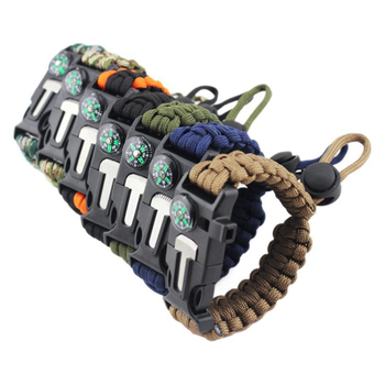Brățară de supraviețuire cu paracord împletit, fluier de semnalizare, busolă montană și piatră de aprindere