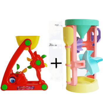 Set de joacă în nisip pentru bebeluși: lopățică din plastic, găleată, pâlnie, clepsidră, lanț și balanță (Material: Plastic; Vârstă: 0-3 ani; Ambalare: cutie colorată; Categoria: Jucării)