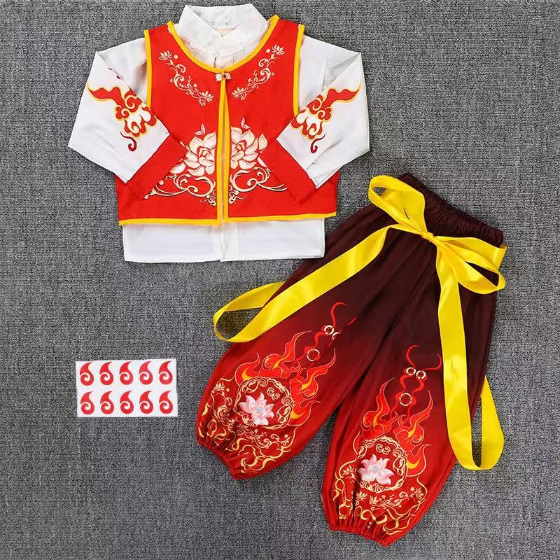 Costum cosplay pentru copii, inspirat de Nezha, stil chinezesc, mâneci scurte, set de trei piese pentru reprezentație de dans (vară; chiffon/poliester, fibră de celuloză regenerată 31–50%)