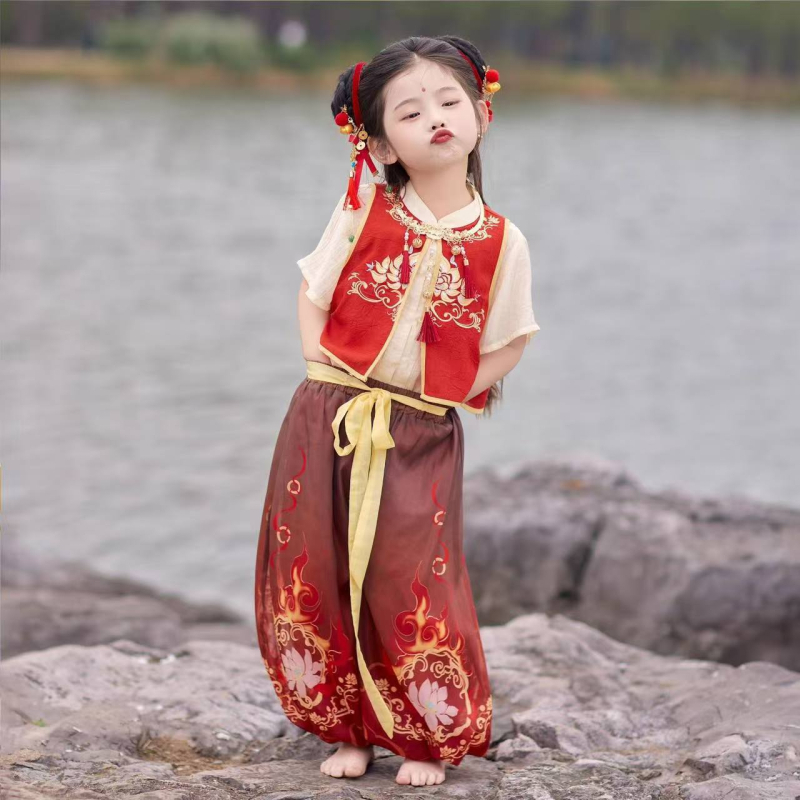 Costum cosplay pentru copii, inspirat de Nezha, stil chinezesc, mâneci scurte, set de trei piese pentru reprezentație de dans (vară; chiffon/poliester, fibră de celuloză regenerată 31–50%)