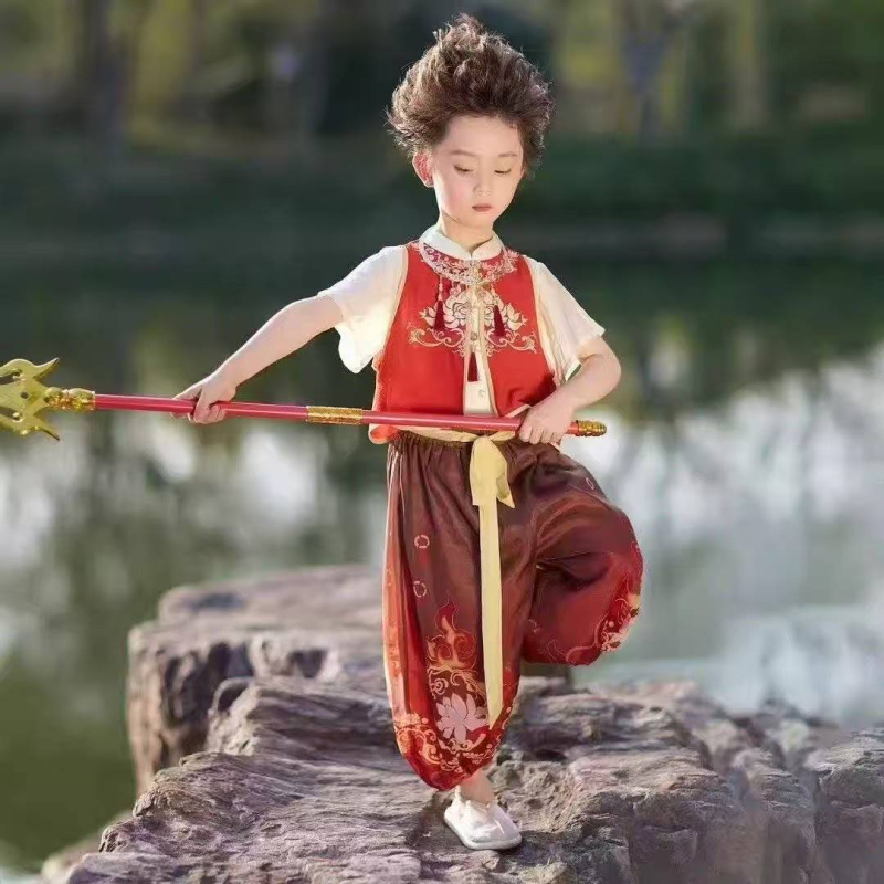 Costum cosplay pentru copii, inspirat de Nezha, stil chinezesc, mâneci scurte, set de trei piese pentru reprezentație de dans (vară; chiffon/poliester, fibră de celuloză regenerată 31–50%)