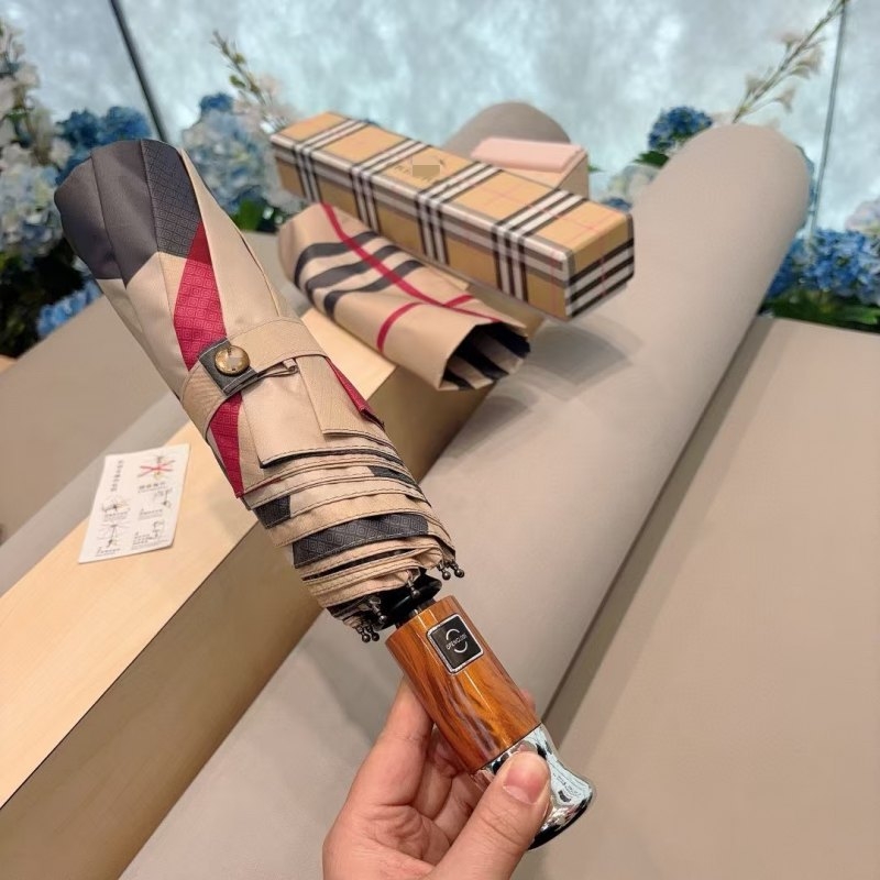 Umbrelă pentru ploaie și soare, pliabilă, automată, model carouri, UPF peste 40, 8 spițe, țesătură poliester 190T, ax din oțel, mâner din lemn