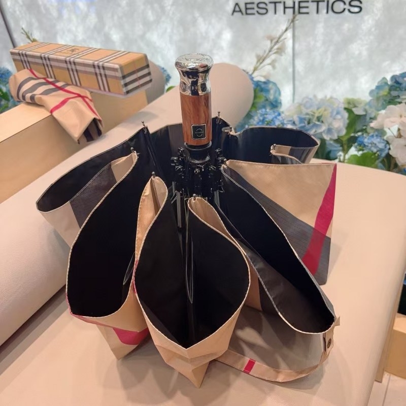 Umbrelă pentru ploaie și soare, pliabilă, automată, model carouri, UPF peste 40, 8 spițe, țesătură poliester 190T, ax din oțel, mâner din lemn