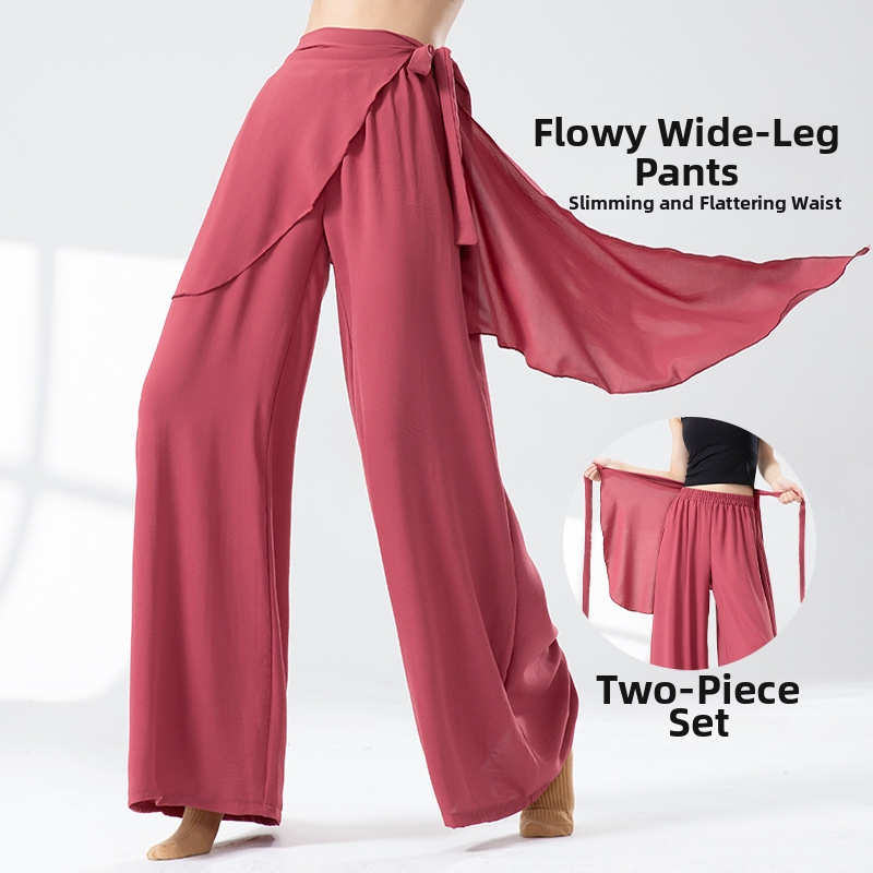 Pantaloni de dans pentru femei — largi, talie înaltă, croială dreptă, poliester (femei adulte; pentru dans modern și clasic)