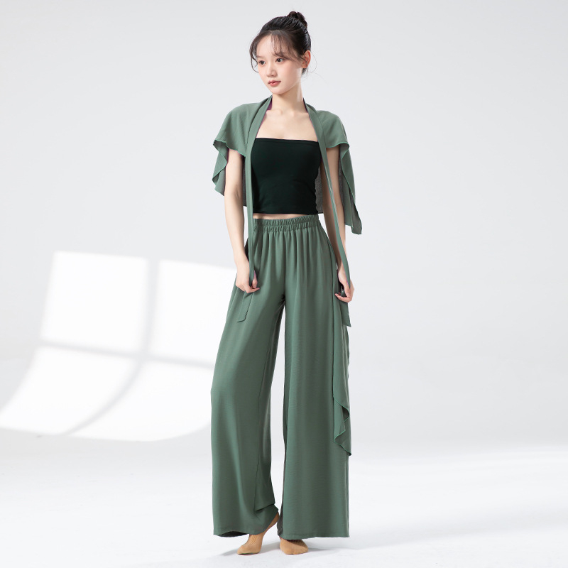 Pantaloni de dans pentru femei — largi, talie înaltă, croială dreptă, poliester (femei adulte; pentru dans modern și clasic)