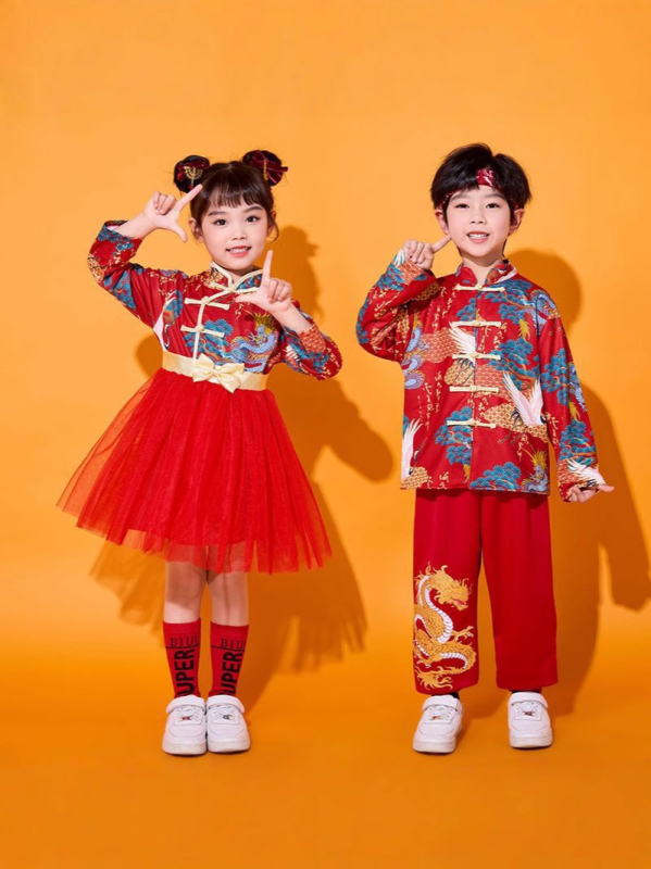 Costum unisex pentru copii pentru cor, stil Tang, poliester 90%, pentru vârsta 3–8 ani