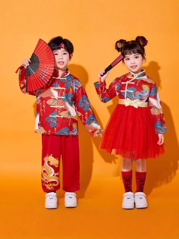 Costum unisex pentru copii pentru cor, stil Tang, poliester 90%, pentru vârsta 3–8 ani