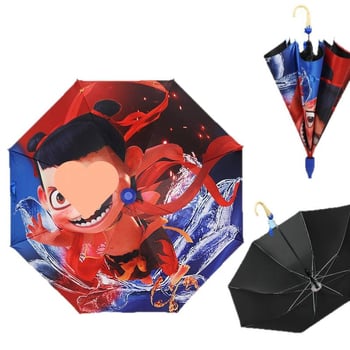 Ομπρέλα Nezha για παιδιά με καρτούν — βινύλιο κάλυμμα, 8 ακτίνες, λαβή αλουμινίου, χειροκίνητο άνοιγμα, ημι-αυτόματο κλείσιμο