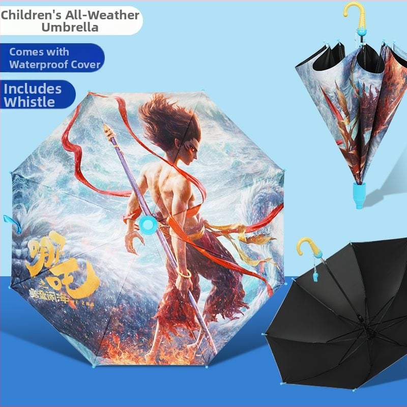 Ομπρέλα Nezha για παιδιά με καρτούν — βινύλιο κάλυμμα, 8 ακτίνες, λαβή αλουμινίου, χειροκίνητο άνοιγμα, ημι-αυτόματο κλείσιμο