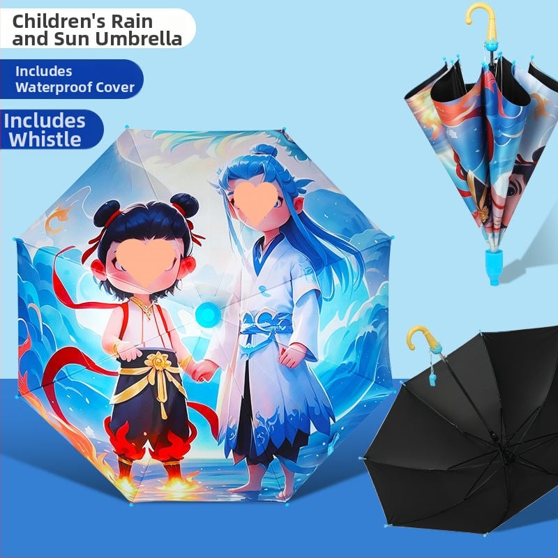 Ομπρέλα Nezha για παιδιά με καρτούν — βινύλιο κάλυμμα, 8 ακτίνες, λαβή αλουμινίου, χειροκίνητο άνοιγμα, ημι-αυτόματο κλείσιμο